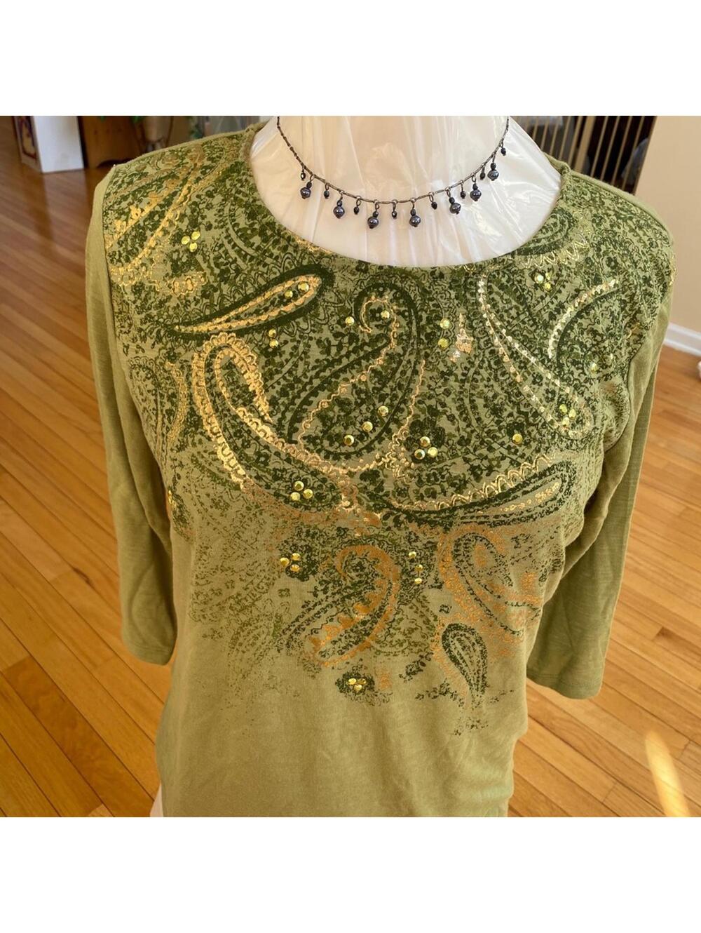 White Stag Green Long Sleeve Top with Paisley and Sequin Detail Medium